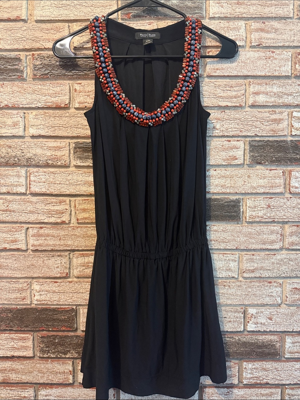 White House Black Market Black Mini Dress with Red and Blue Beaded Collar